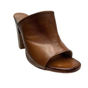 MARTE'S Walnut Brown Leather Open Toe Block‎ Heel Mules